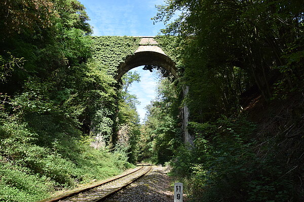 Die Brücke in Marth über die Eisenbahn von der Strecke aus gesehen.